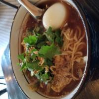 Egg Noodle soup · Soft egg noodle with seasoning soup and choices of protein, boiled egg, asian broccoli, bean...