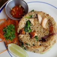 Salmon Fried Rice · (No Substitution), stir-fried grilled salmon with brown rice, Asian broccoli, scallion, red ...