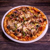 The King Pizza · Pepperoni, sausage, Canadian bacon, fresh mushrooms, black olives, red onions, and bell pepp...