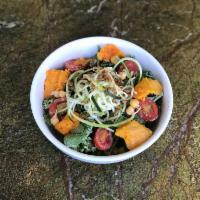 Power Caesar Greens Salad · Grape tomato, sprouted garbanzos, spinach, kale, zucchini, sweet potato, and roasted sunflow...