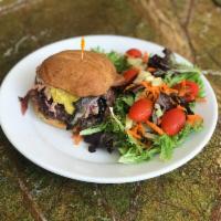 Sloppy Q Burger · Seasoned quinoa, beet, carrot, mushroom, and scallion Burger patty topped with white cheddar...