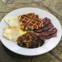American Breakfast · 2 eggs any style served with turkey bacon and a buttermilk waffle bread. 