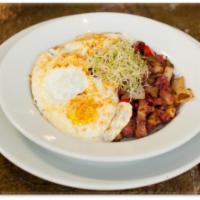 Egg and Quinoa Hash · Veggie seasoned quinoa, beet, with red potatoes, red peppers, onion topped with 2 eggs. 