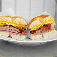Islander Breakfast Bagel · Ham, Sausage & Bacon, with Egg and Cheese.