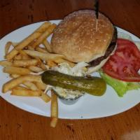 Burger Deluxe · Served with lettuce, tomato, pickle, coleslaw and french fries. Substations waffle fries,  s...