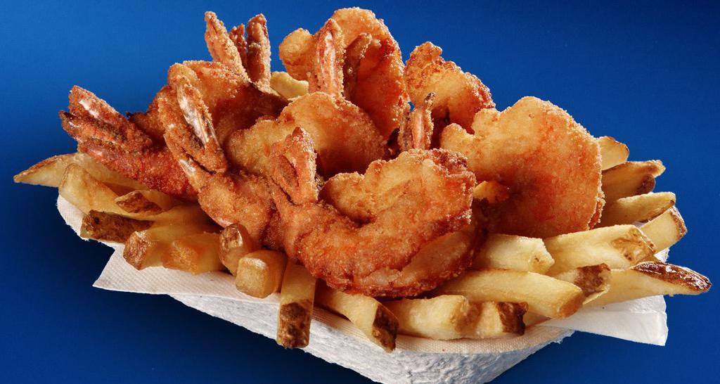 Jumbo Prawns and Chips · 6 jumbo tiger prawns served with french fries.