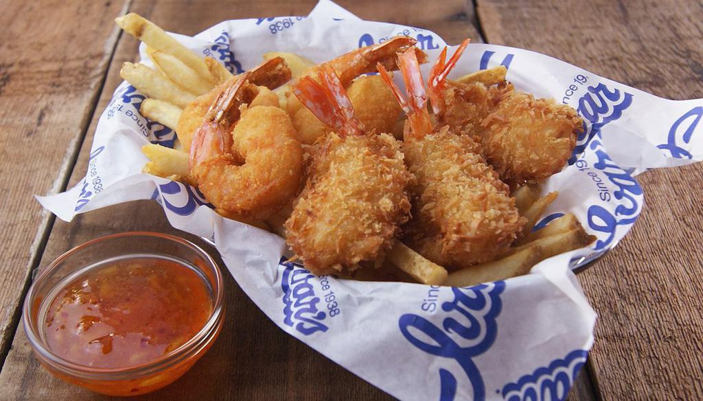 Shrimp Duo  · 3 Coconut Crusted and 3 Hand-Battered Shrimp served with fries and a side of Sweet Chili Marmalade.

