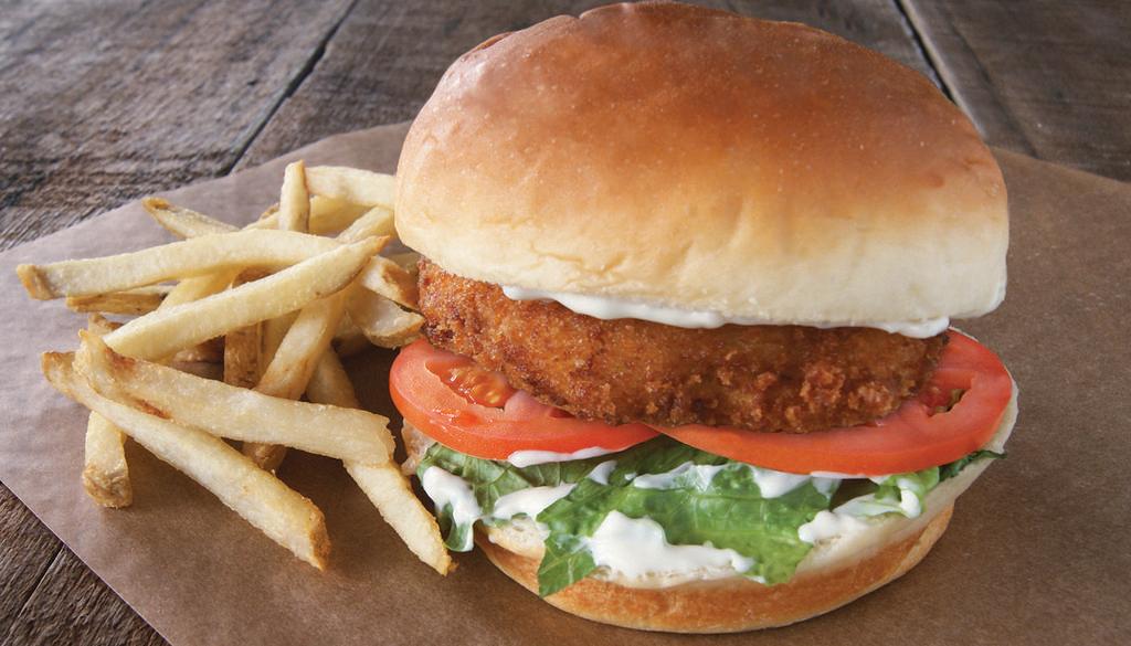 Panko Fish Sandwich  · Panko breaded cod filet with tomatoes, lettuce, and tartar sauce on a King’s Hawaiian Bun. Served with French Fries.

