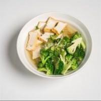 16. Sup Chay- Vegan Pho · Vegan pho broth with mushroom base, noodles, broccoli, and tofu.