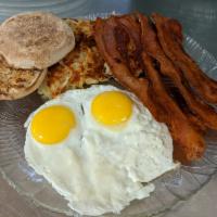 4 Bacon Breakfast · 2 eggs, hash browns, English muffin.