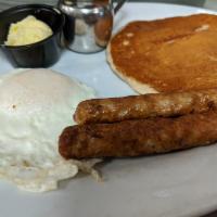 Jr/Sr Triple Play · 1 wheat pancake, 1 egg, 2 strips of bacon or sausage.
