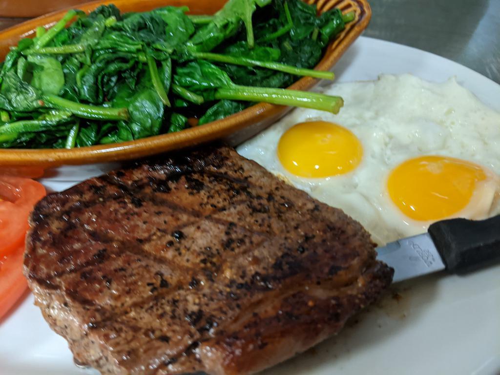 Steak and Eggs · 8 oz. sirloin steak, 2 eggs and your choice of broccoli or spinach