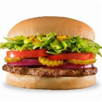 Hungr-Buster® · 1/4 lb. grilled beef patty topped with crisp lettuce, ripe tomatoes, purple onions, tangy pi...