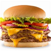 Triple-Buster® with Cheese · Three 1/4 lb. grilled beef patties topped with crisp lettuce, ripe tomatoes, purple onions, ...