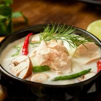 Tom Kha Soup · Choice of shrimps, chicken or tofu with galanga lemongrass, onion, bell pepper, mushroom, an...