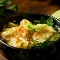 Thai Wonton Soup · Homemade Thai chicken and shrimp wonton with vegetable and scallion in clear broth. Hot and ...