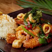 Thai Ocean · Served hot and spicy. Combination filet sole fish, shrimp, squid, lemongrass, hot pepper, an...