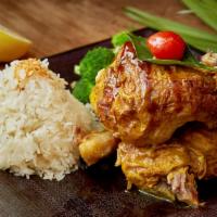 Herbal Gal Yang · Grilled marinated half-chicken Country Thai style steamed broccoli, served with yellow curry...