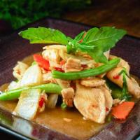 Pad Gra Prow Basil · Served hot and spicy. Fresh basil, chili, onion, hot pepper, carrot, and string bean. Served...