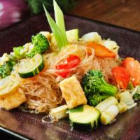 Pad Woon Sen Noodles · Vermicelli, carrot, bean sprout, scallion, eggs, and zucchini. Served with Sriracha sauce.