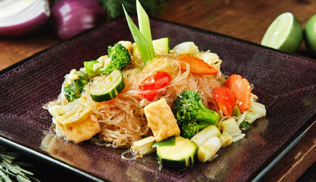 Pad Woon Sen Noodles · Vermicelli, carrot, bean sprout, scallion, eggs, and zucchini. Served with Sriracha sauce.
