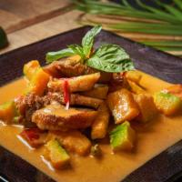 Duck Red Pumpkin · Served hot and spicy. Crispy duck with Asian pumpkin, zucchini, and hot pepper in red curry....