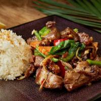 Herbal Duck · Served hot and spicy. Sauteed crispy duck with chopped lemongrass, rhizome, hot pepper, and ...