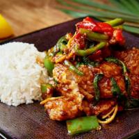 Herbal Fish · Served hot and spicy. Sauteed with chopped lemongrass, rhizome, hot pepper, and string bean ...