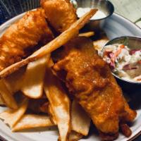 Fish and Chips Entree · Our own Bonfire IPA beer battered cod served with fried potatoes, house slaw and tartar sauce.