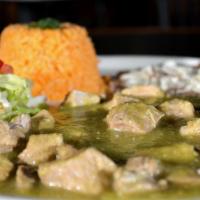Chile Verde · Chunks of pork in a tomatillo sauce seasoned with spices. Served with rice and beans.