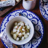 Caldo de Queso Y Papas · Traditional Sonoran Soup with roasted anaheim chiles, potatoes, queso fresco, onions and tom...