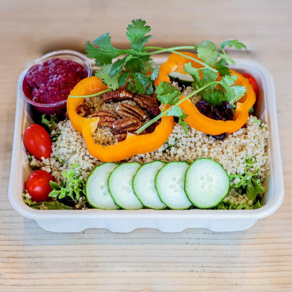 Salad Mind · Quinoa Tabbouleh, Tomato, Baby Leaf, Cucumber, Cilantro, Bell Pepper, Cranberry, Pecan Nut, Red Beetroot Guacamole.