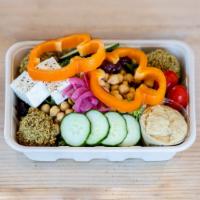 Salad Vitality · Baby Leaf, Feta Cheese, Chick Peas, Tomato, Bell Pepper, Pickled Onion, Cucumber, Kalamata O...