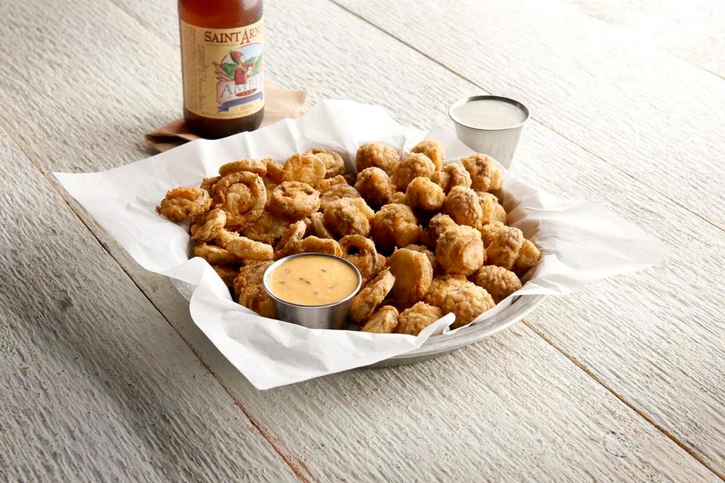 Pick 2 · Choice of two: fried pickles, fried mushrooms, fried jalapenos or mozzarella cheese sticks