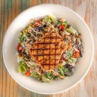 Icehouse Salmon Cobb · Spring mix with hardboiled egg, street corn, bacon, tomatoes, bleu cheese, ranch dressing, a...