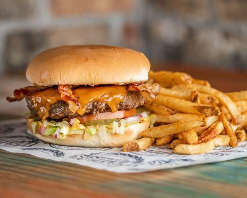 Bacon Willie with Cheese · Half pound certified Angus beef patty, cooked medium well topped with mayo, mustard, lettuce, tomatoes, pickles, onions, and served with choice of side.