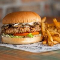 Turkey Mushroom Burger · Half pound certified Angus beef patty, cooked medium well topped with Monterey Jack cheese, ...