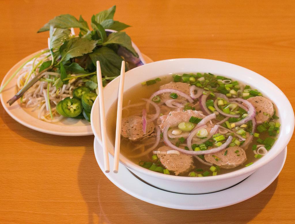 80. Thin Eyeround Beef and Meatball Pho · Traditional Vietnamese soup. Beef broth.