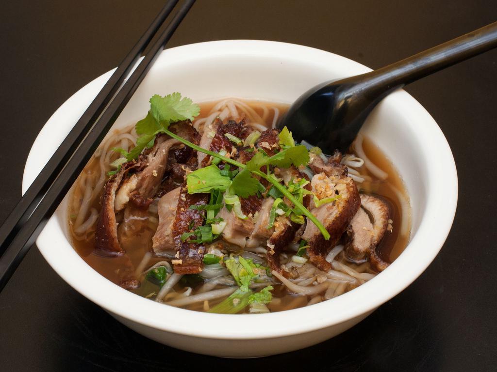 1/4 Yaowarat Duck Noodle Soup Bowl · Crispy roasted duck with thin rice noodles in 5 spices soy broth, bean sprouts and Asian celery.