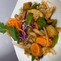 Roasted Cashew Nuts Sauce · Sautéed with carrots, onions, cashew nuts, bell peppers and pineapples with shrimp chili pas...