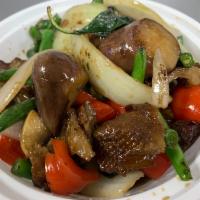 Eggplant Mushroom · Sauteed with eggplant, king mushrooms, basil leaves, onions, bell peppers, string beans and ...