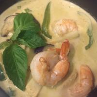 Green Curry ( Gluten free/ Vegan)  · The spiciest curry with coconut milk, eggplant, bamboo shoots, bell peppers and basil leaves...