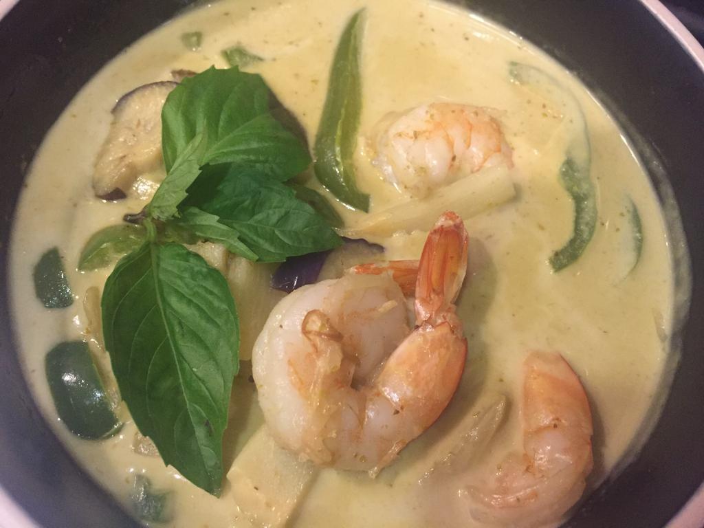 Green Curry ( Gluten free/ Vegan)  · The spiciest curry with coconut milk, eggplant, bamboo shoots, bell peppers and basil leaves. Spicy.
