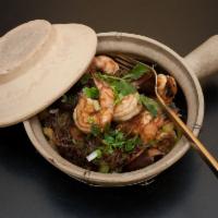 Shrimp in Da Pot · Shrimp with house sauce, woon sen (glass vermicelli), celery, ginger, scallions and shiitake...