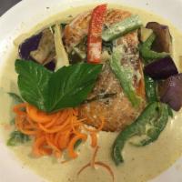 Grilled Salmon ( Gluten free/ Vegan)  · Green coconut milk, eggplant, bamboo shoots, bell peppers and basil leaves. Spicy and gluten...
