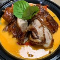 Lychee Duck Curry ( Gluten free/ Vegan)  · Roasted duck, lychee, basil, bell peppers, cashew nuts and tomatoes with homemade red coconu...