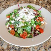 Chopped Greek Salad · Chickpeas, cucumbers, sun-dried tomato, red onions, cherry tomato, artichoke hearts, Kalamat...