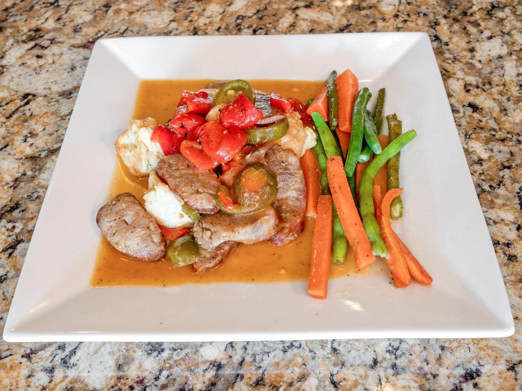 Chicken Scarpariello · Morsels of boneless chicken breast sauteed with Italian sausage, hot cherry peppers in a tangy garlic and rosemary white wine sauce. 