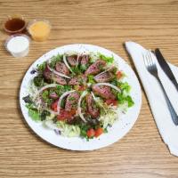Beef Kebob with Green Salad Plate · Fresh salad with a variety of green vegetables typically served on a bed of lettuce. 