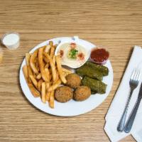 Vegetarian Plate · Includes falafel, yalanchi, hummus, choice of tabouli, green salad or fries.